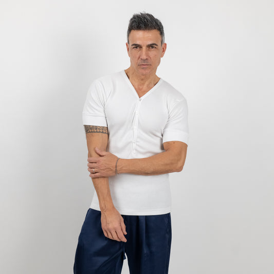 Maglia a costine con bottoncini tono su tono - Bianco