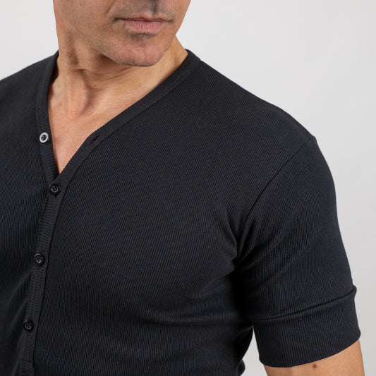 Maglia a costine con bottoncini tono su tono - Nero