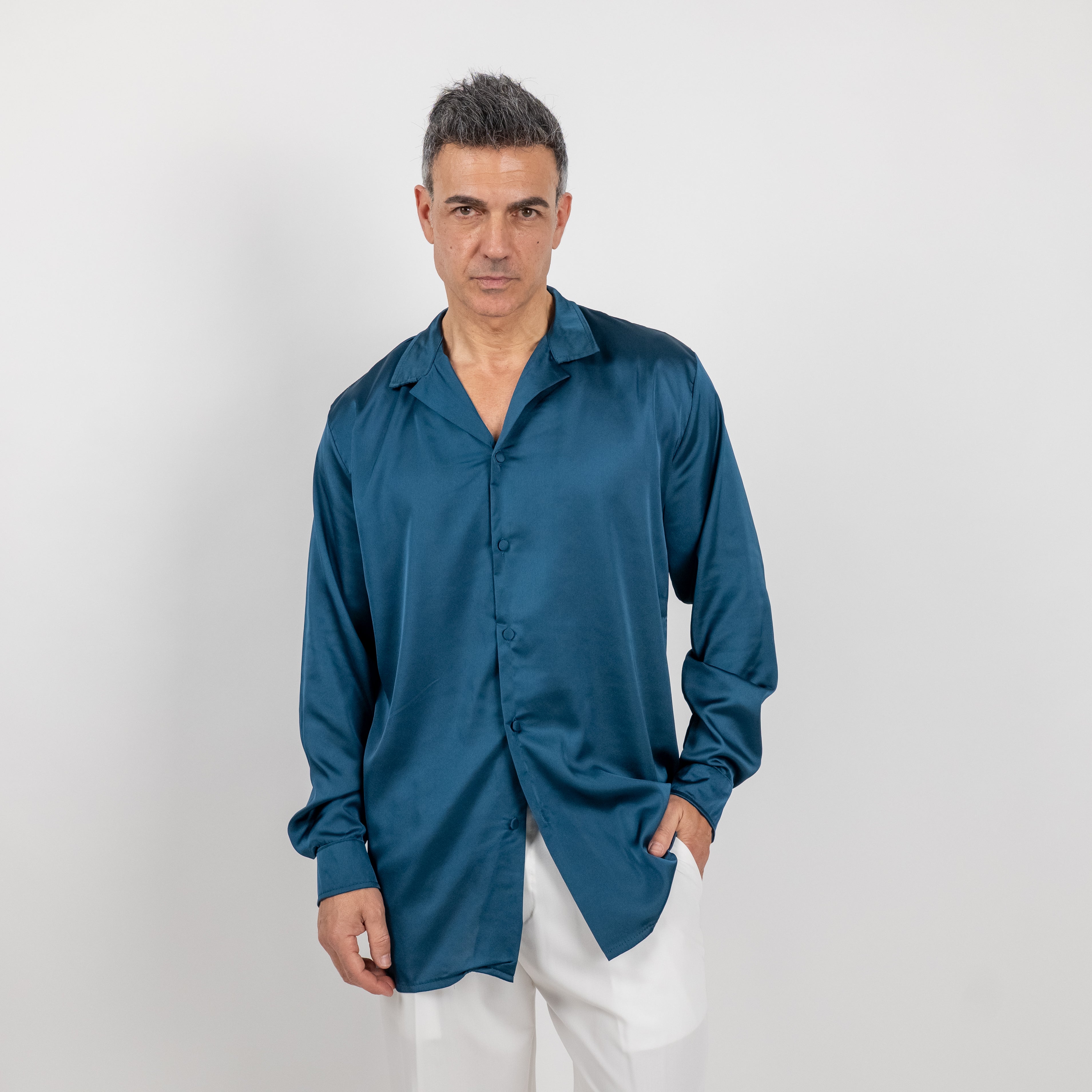 Camicia satin effetto raso con bottoni ricoperti - Ottanio