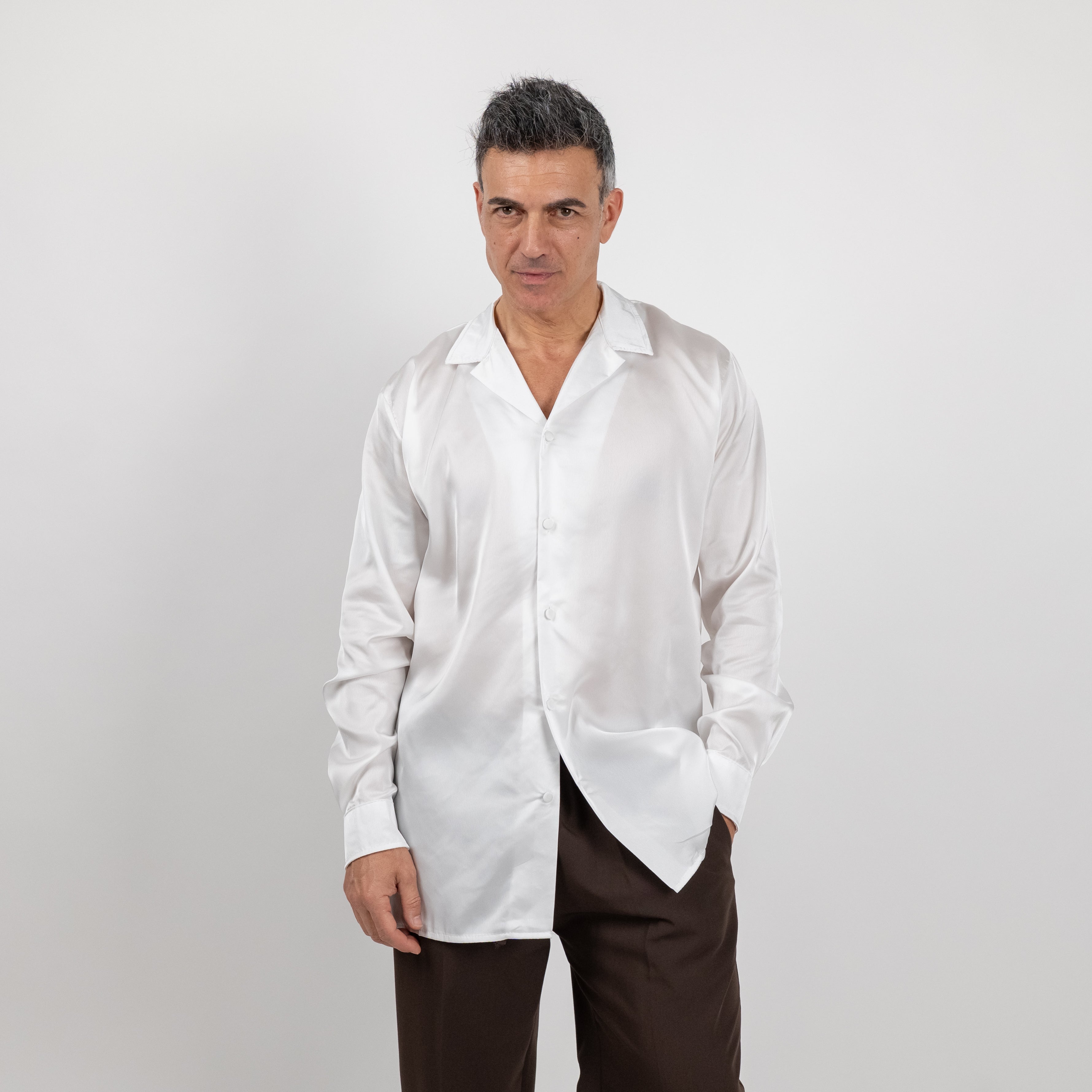 Camicia satin effetto raso con bottoni ricoperti - Bianco