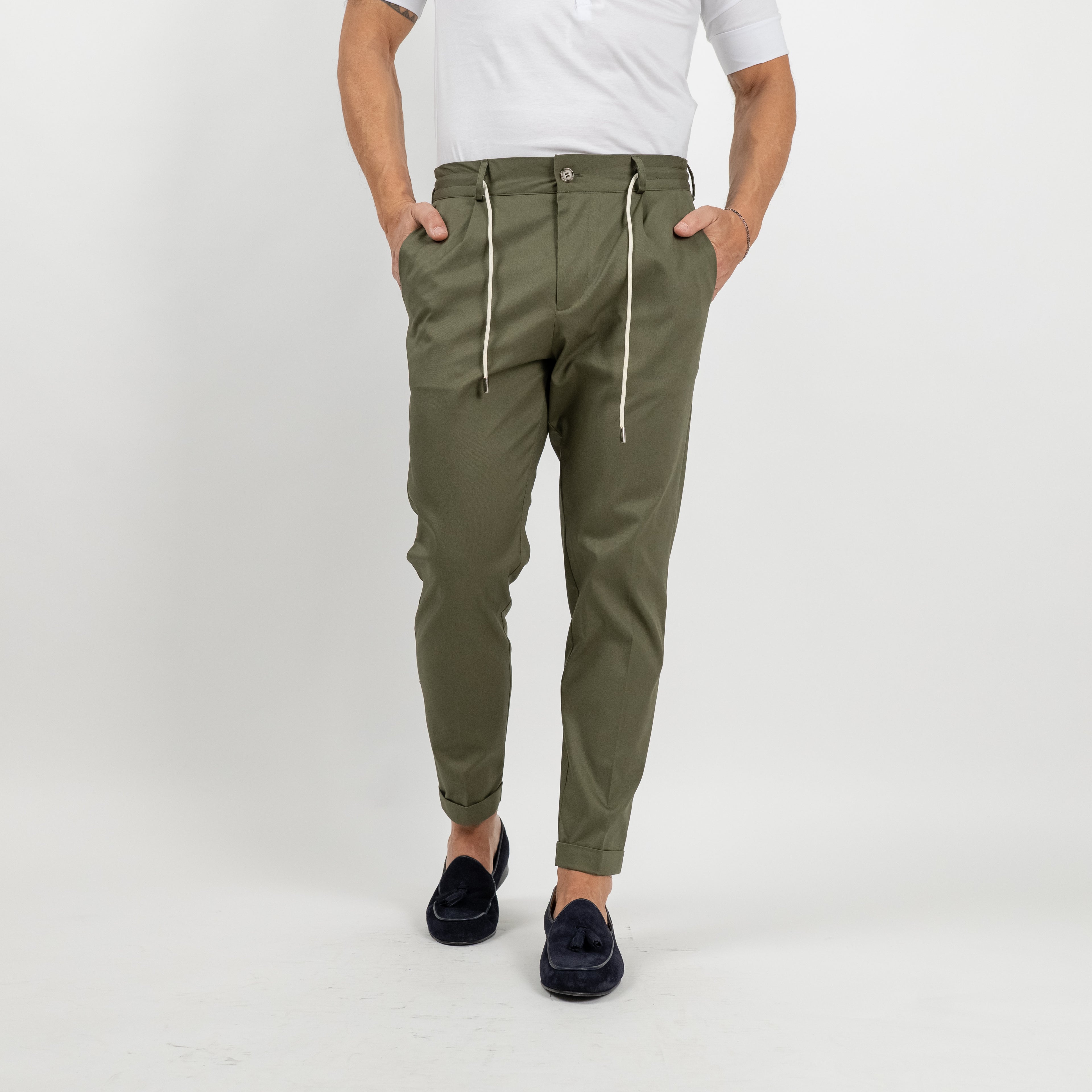 Pantalone gabardina con elastico sul retro - Verde Militare