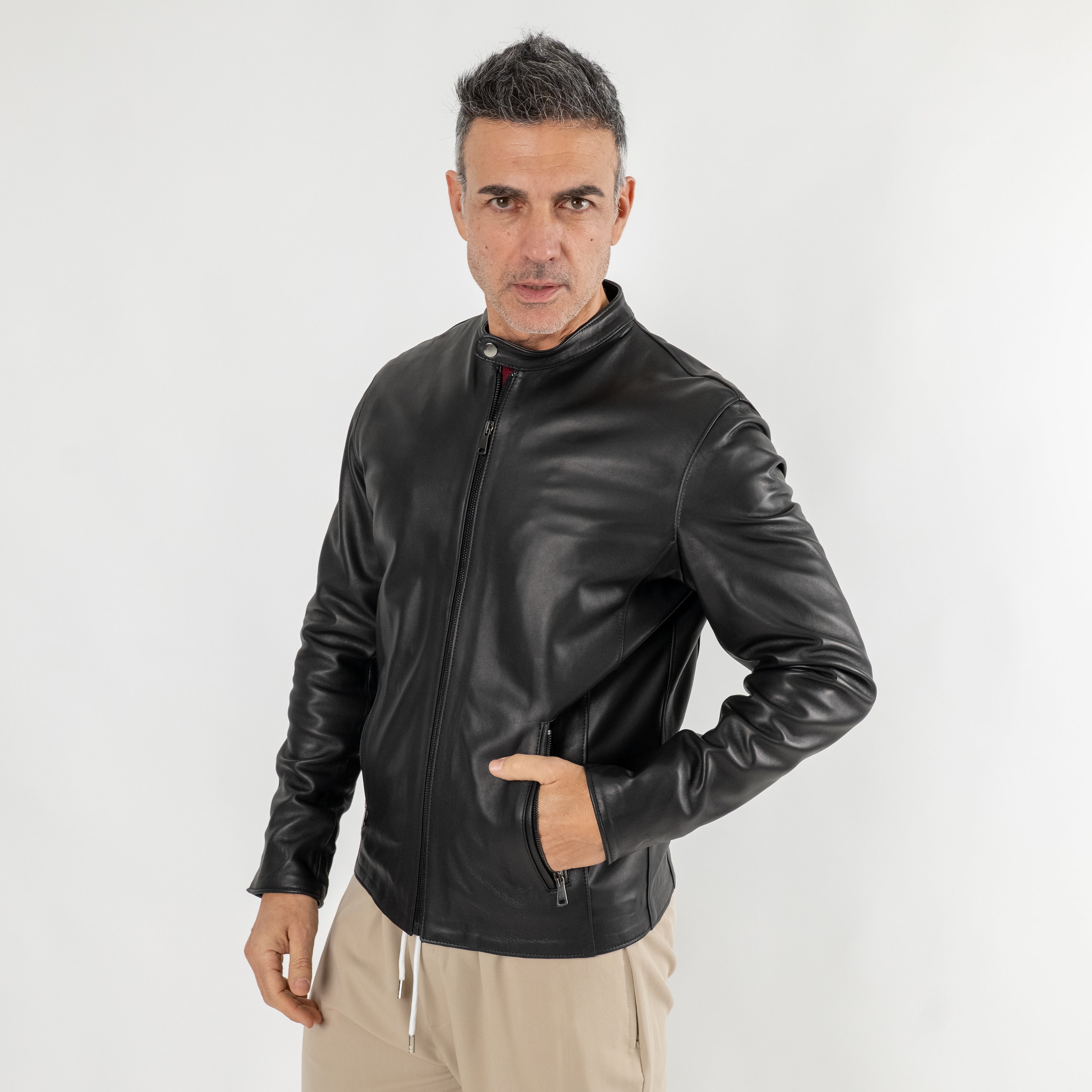 Giacca biker in Vera Pelle - Nero