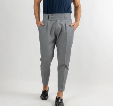 Trousers with High Waist Band and Double Button - Grey 