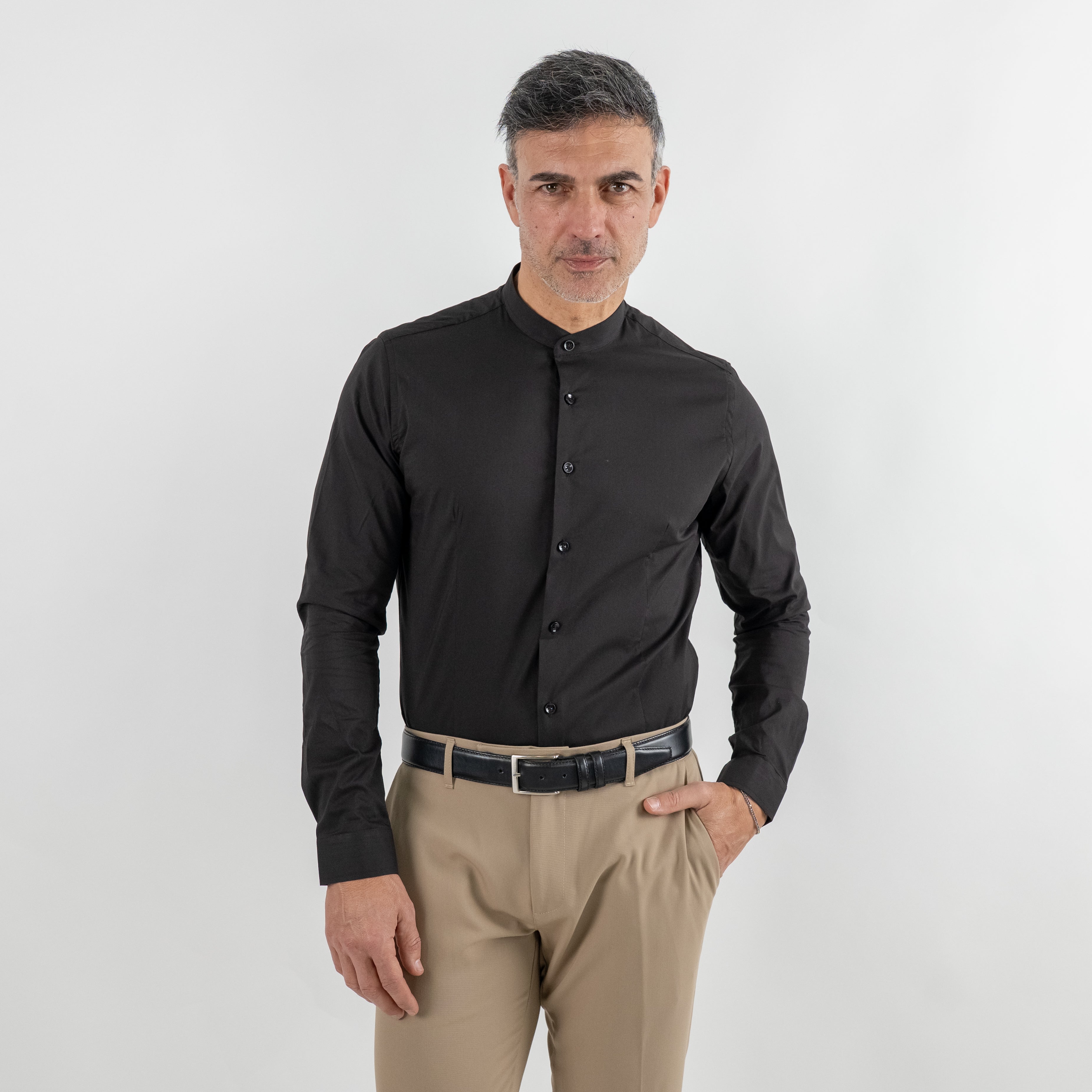 Camicia sartoriale colletto coreano - Nero