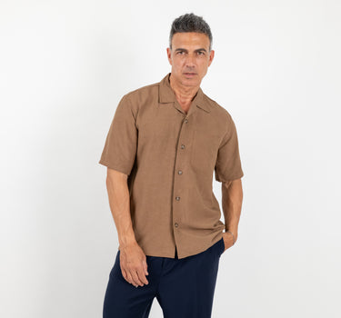 Camicia a manica corta in misto lino - Marrone