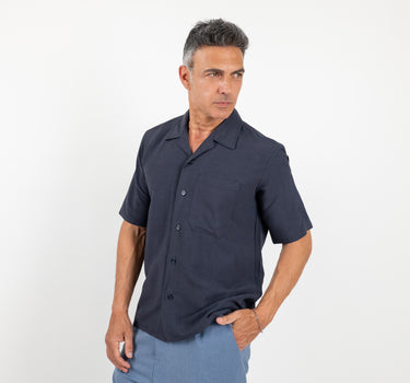 Camicia a manica corta in misto lino - Blu
