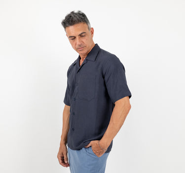 Camicia a manica corta in misto lino - Blu