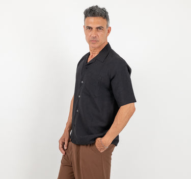 Camicia a manica corta in misto lino - Nero