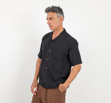 Camicia a manica corta in misto lino - Nero