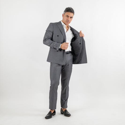 Abito doppiopetto gessato con pantalone con molla - Grigio