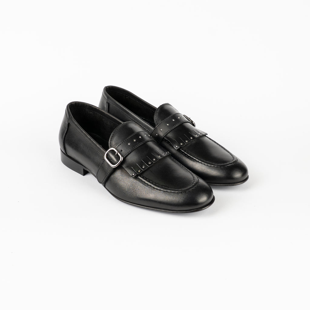 Studded Fringe Buckle Loafer - Black