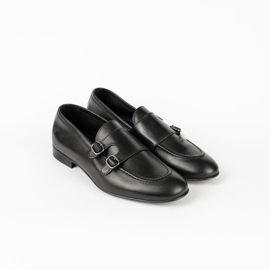 Mocassino doppia fibbia in pelle con cuciture - Nero