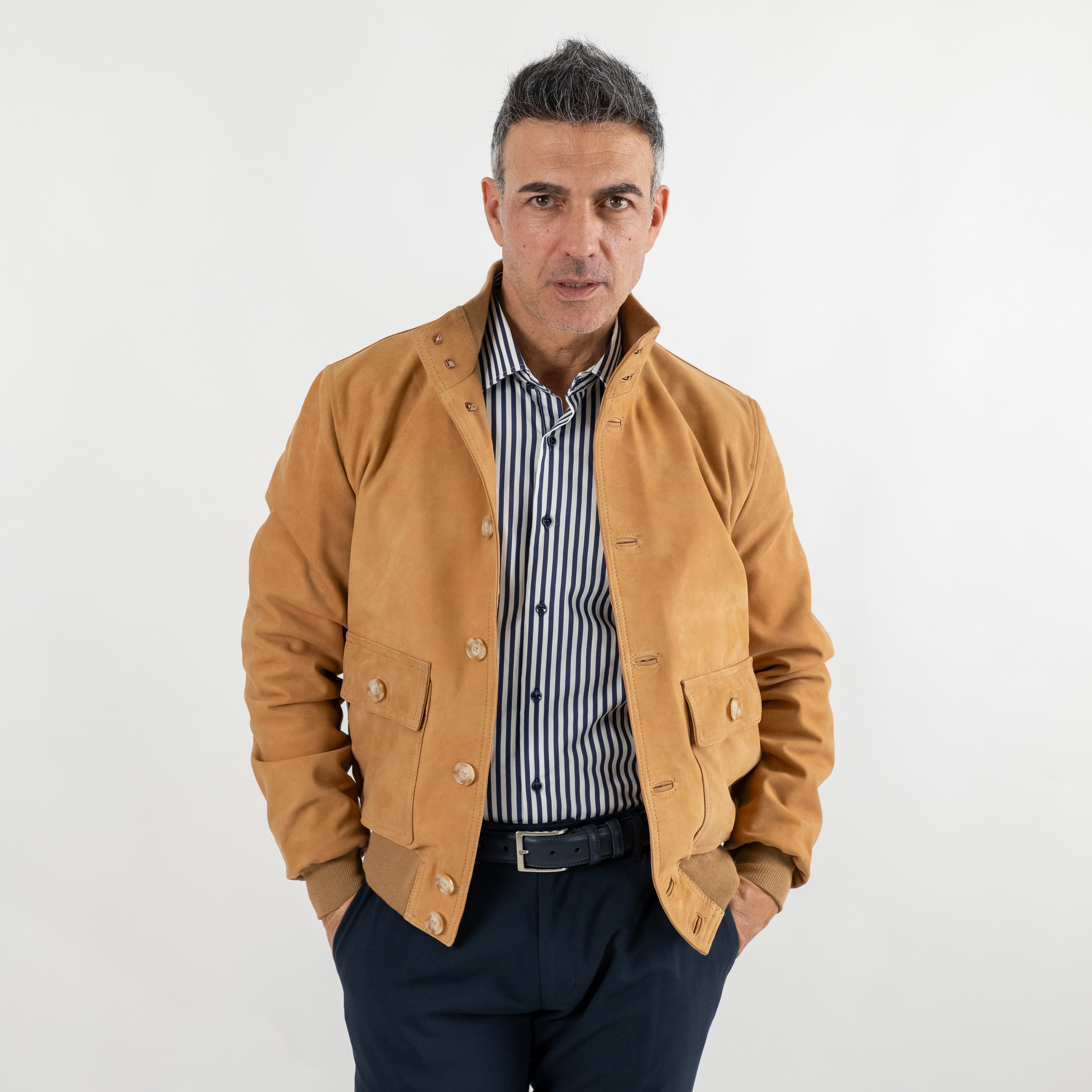 Bomber con bottoni in Vera Pelle Nabuk - Camel