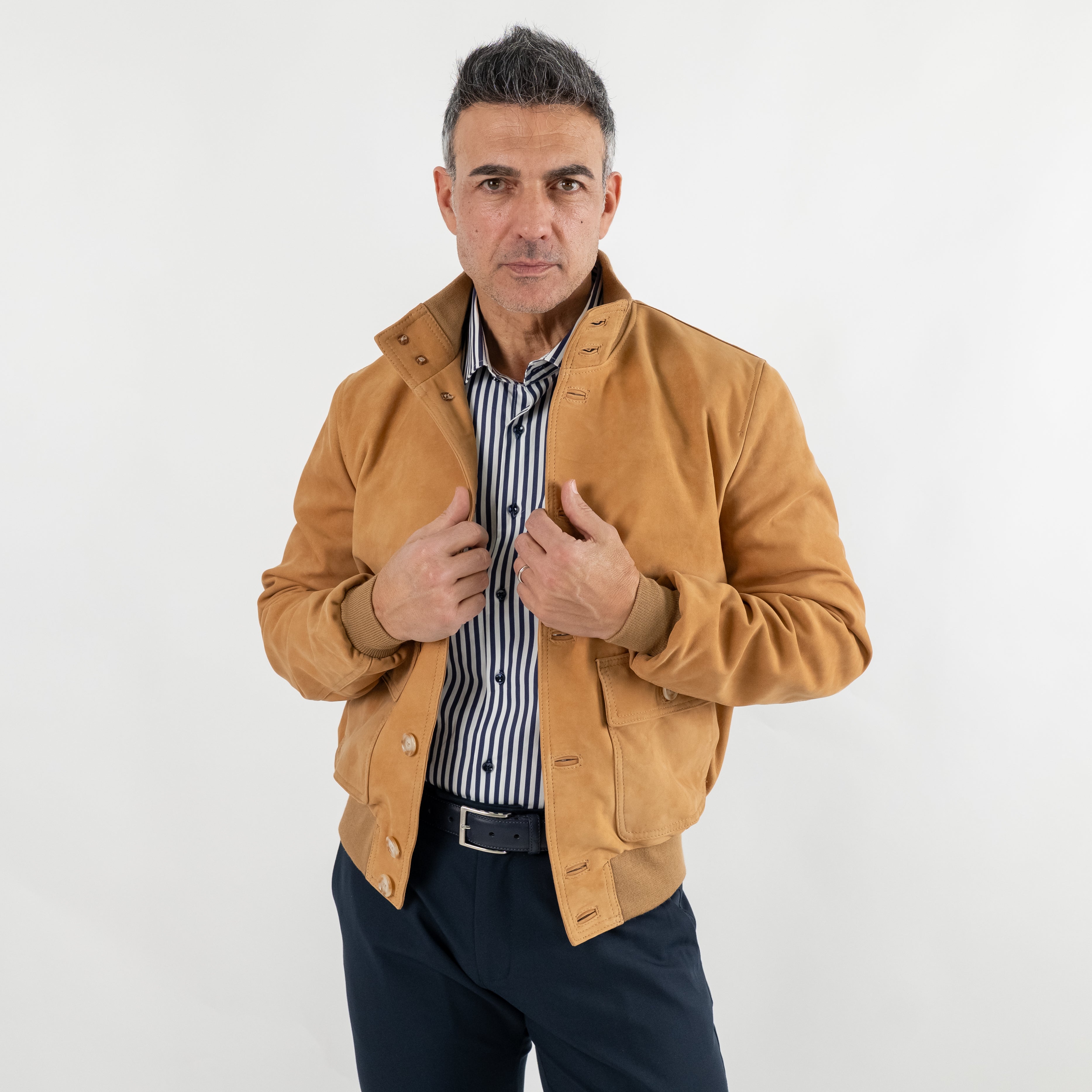 Bomber con bottoni in Vera Pelle Nabuk - Camel