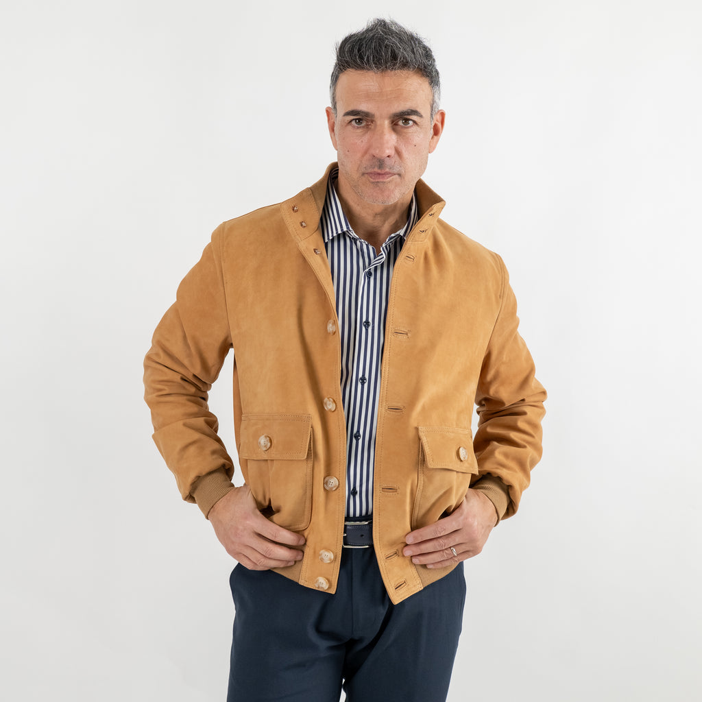 Bomber con bottoni in Vera Pelle Nabuk - Camel
