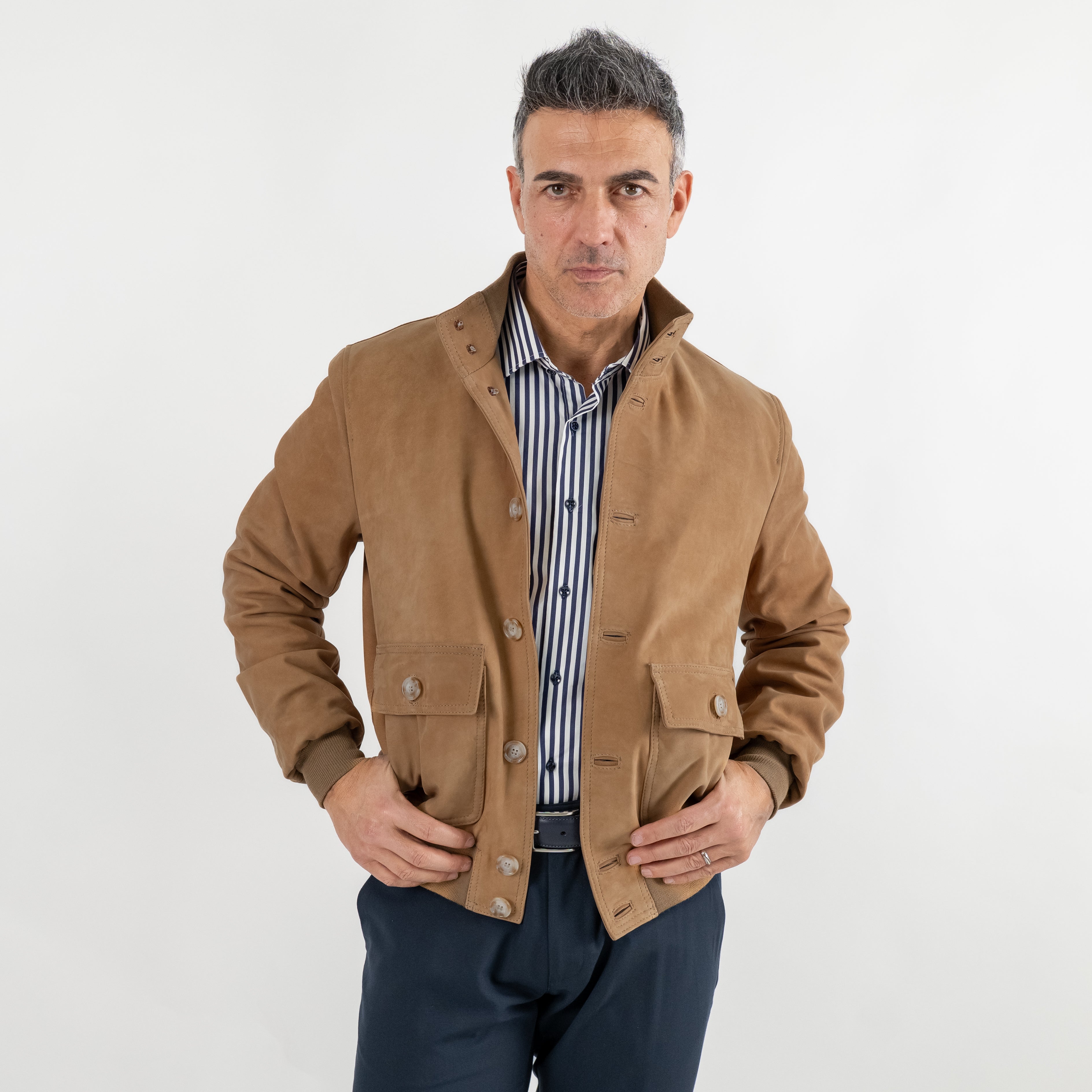 Bomber con bottoni in Vera Pelle Nabuk - Tabacco