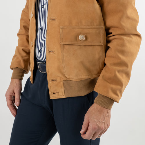 Genuine Nubuck Leather Buttoned Bomber Jacket - Camel