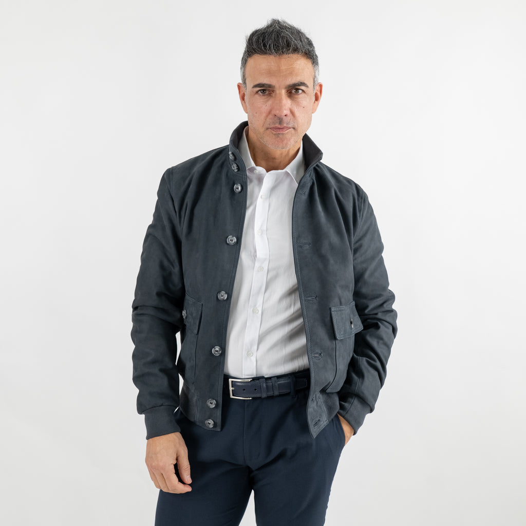 Bomber Jacket with Buttons in Genuine Nubuck Leather - Blue
