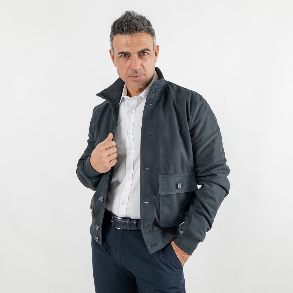 Bomber Jacket with Buttons in Genuine Nubuck Leather - Blue