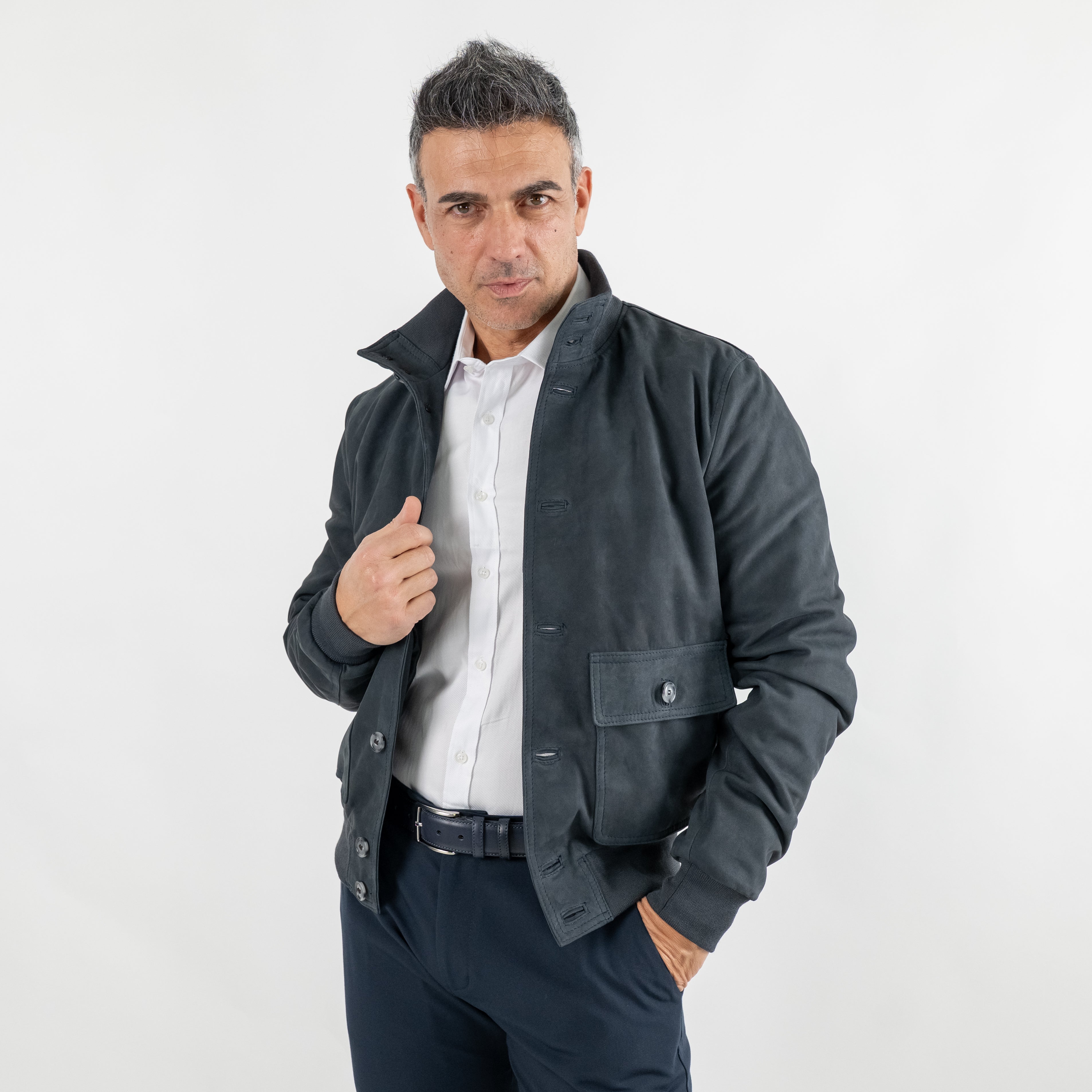 Bomber con bottoni in Vera Pelle Nabuk - Blu