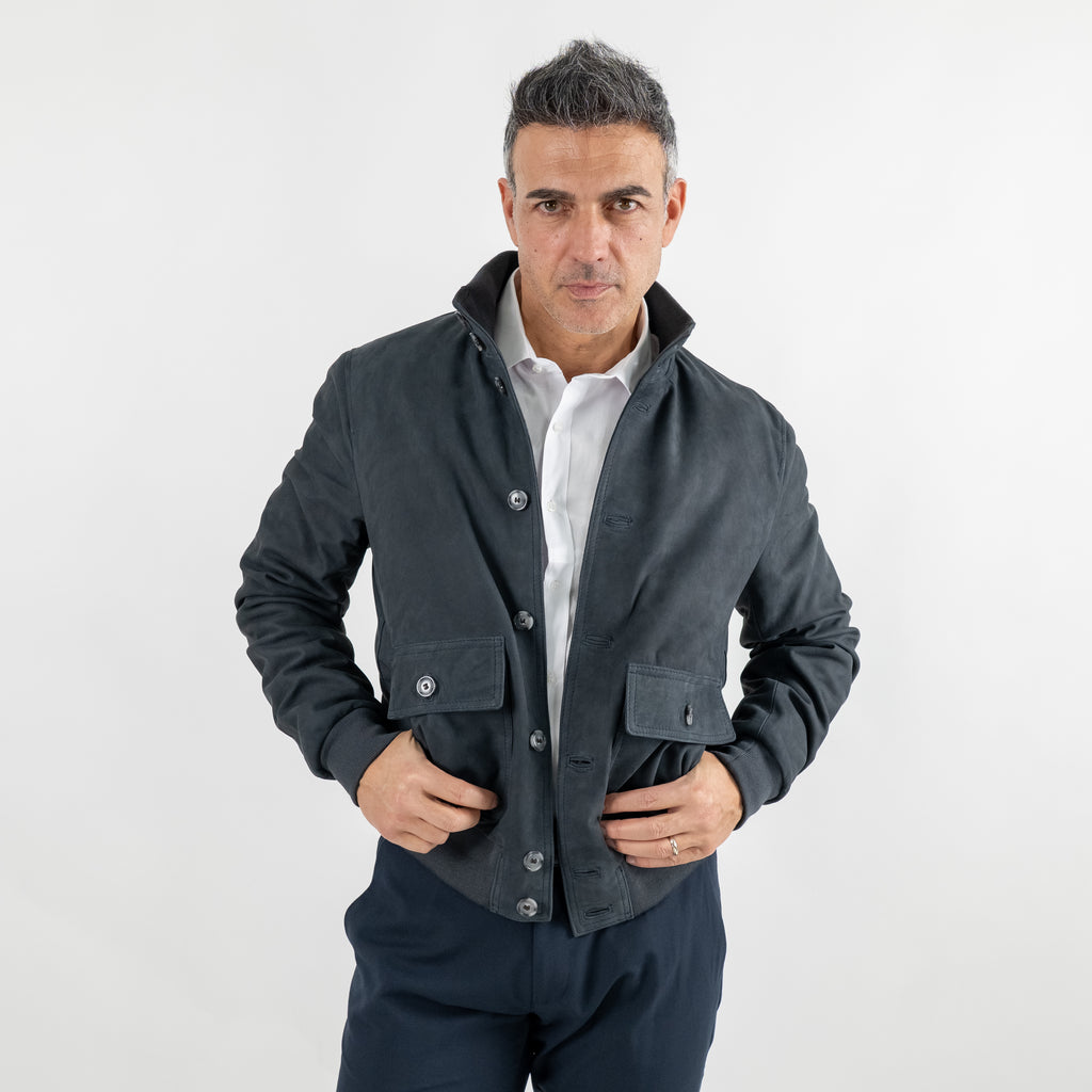 Bomber Jacket with Buttons in Genuine Nubuck Leather - Blue