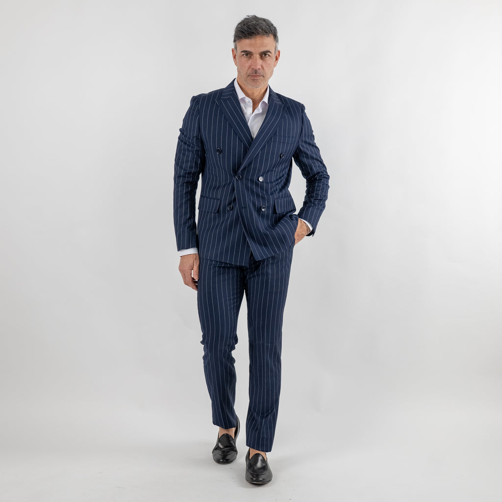 Traje cruzado de raya diplomática con pantalones - Azul