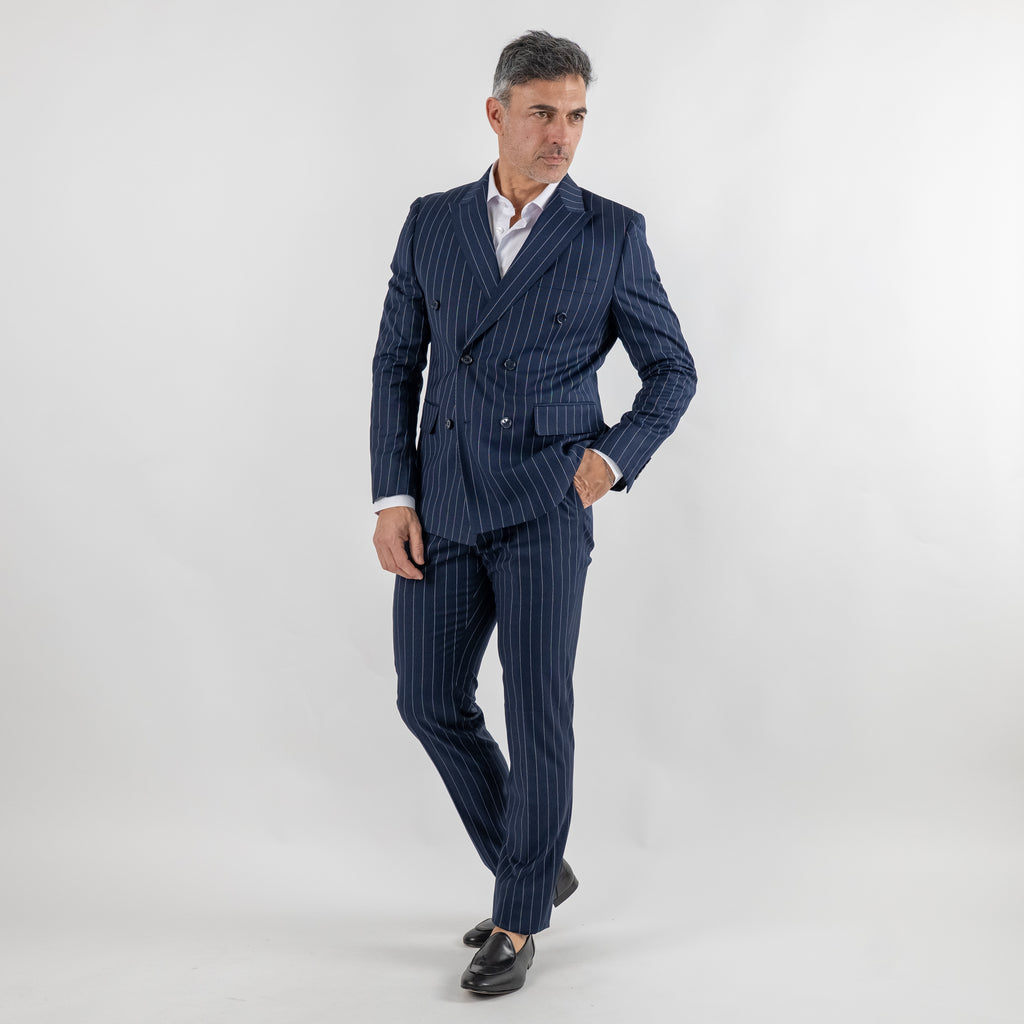 Traje cruzado de raya diplomática con pantalones - Azul