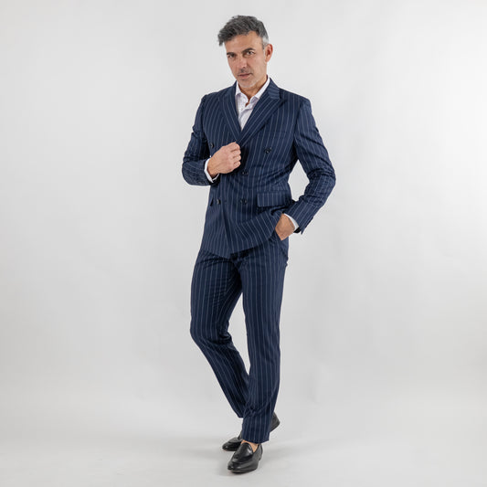 Abito doppiopetto gessato con pantalone con molla - Blu