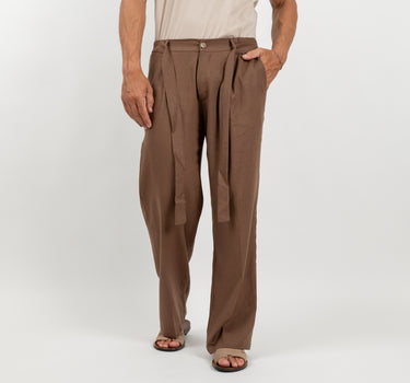Pantalone palazzo con cinturino in 100% Lino - Marrone