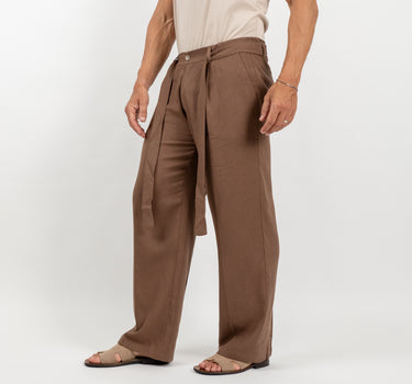 Pantalone palazzo con cinturino in 100% Lino - Marrone