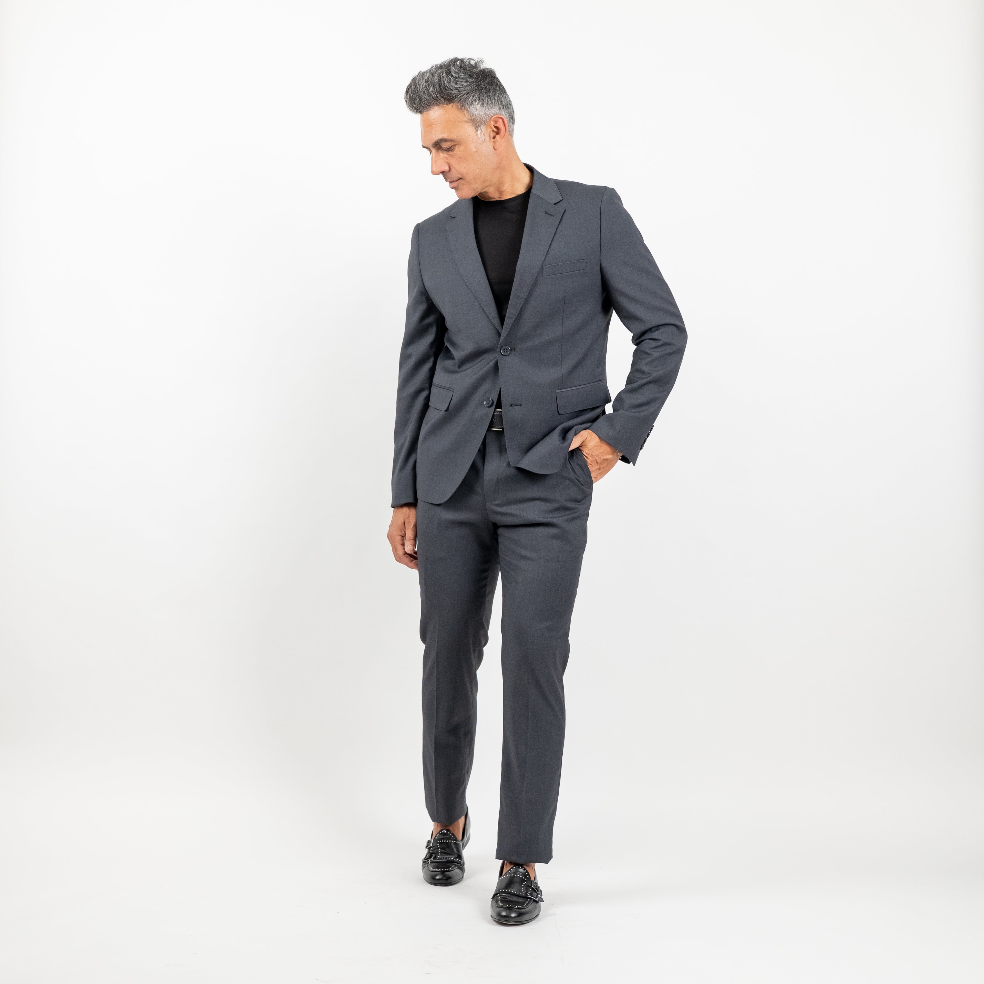 Single-breasted suit with notch lapel and topstitching - Lead Grey