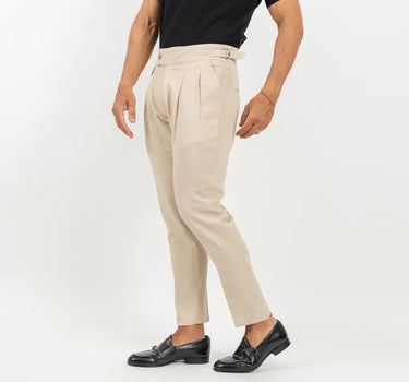Pantalone con Fibbia Laterale in Lino - Beige