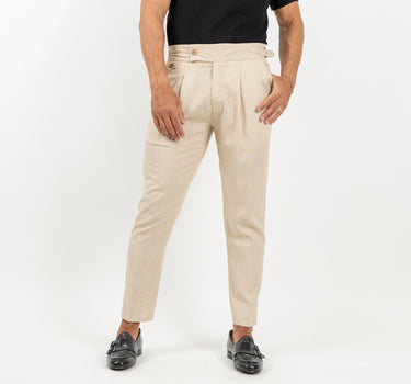 Pantalone con Fibbia Laterale in Lino - Beige
