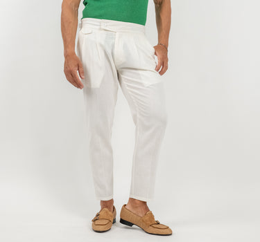 Pantalone con Fibbia Laterale in Lino - Bianco