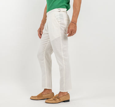 Pantalone con Fibbia Laterale in Lino - Bianco