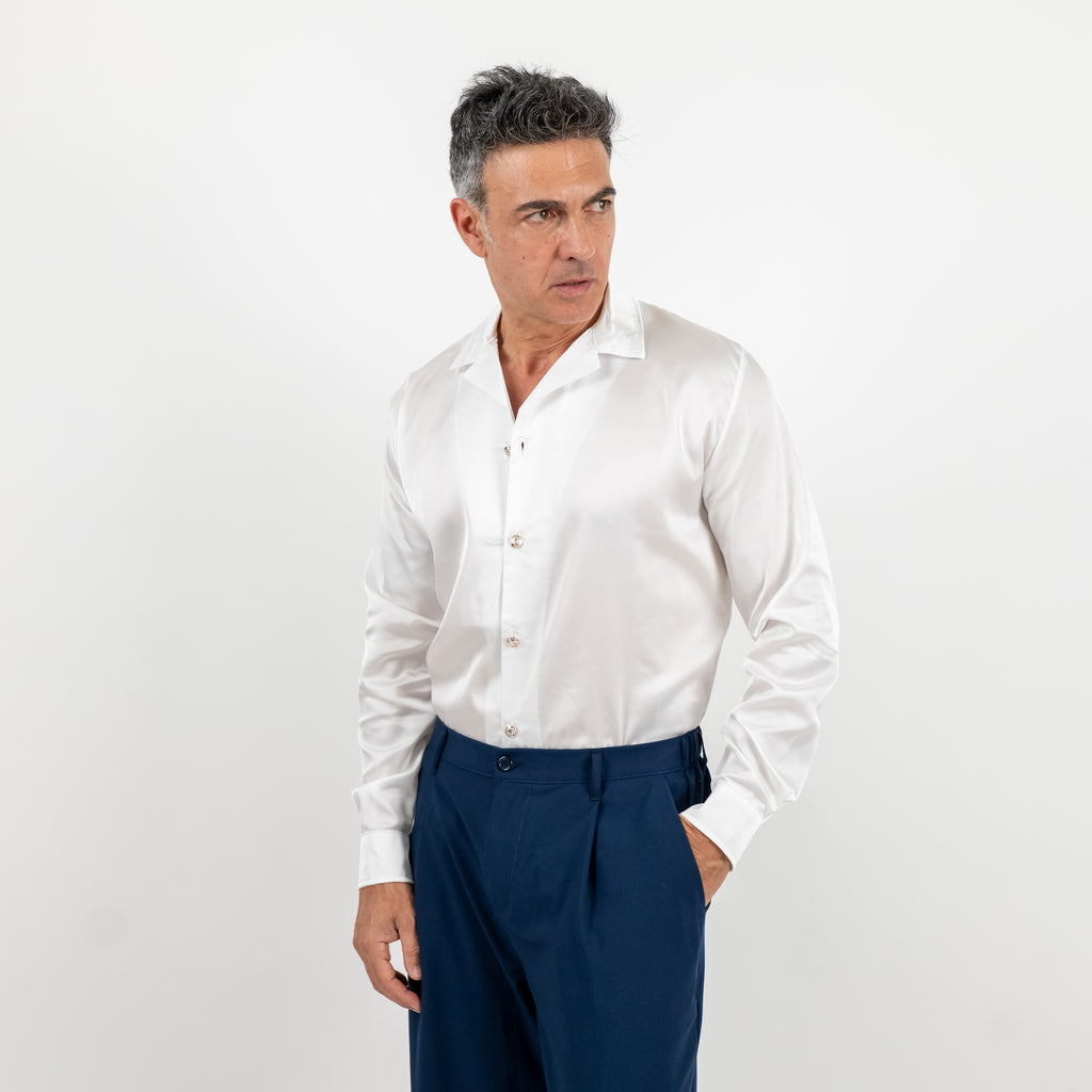 Satin-look shirt with jewel buttons - White