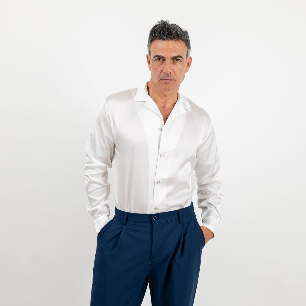 Satin-look shirt with jewel buttons - White