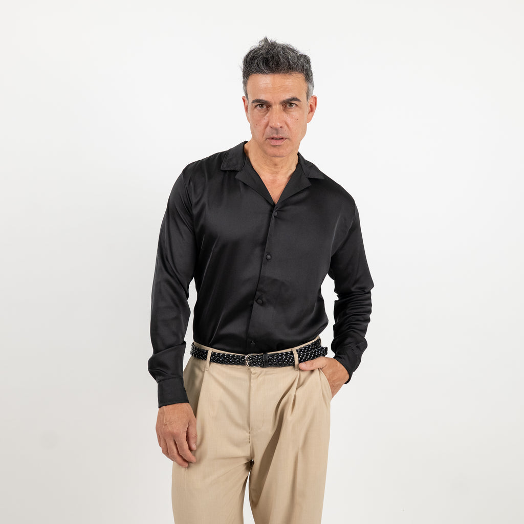 Camicia satin effetto raso con bottoni ricoperti - Nero