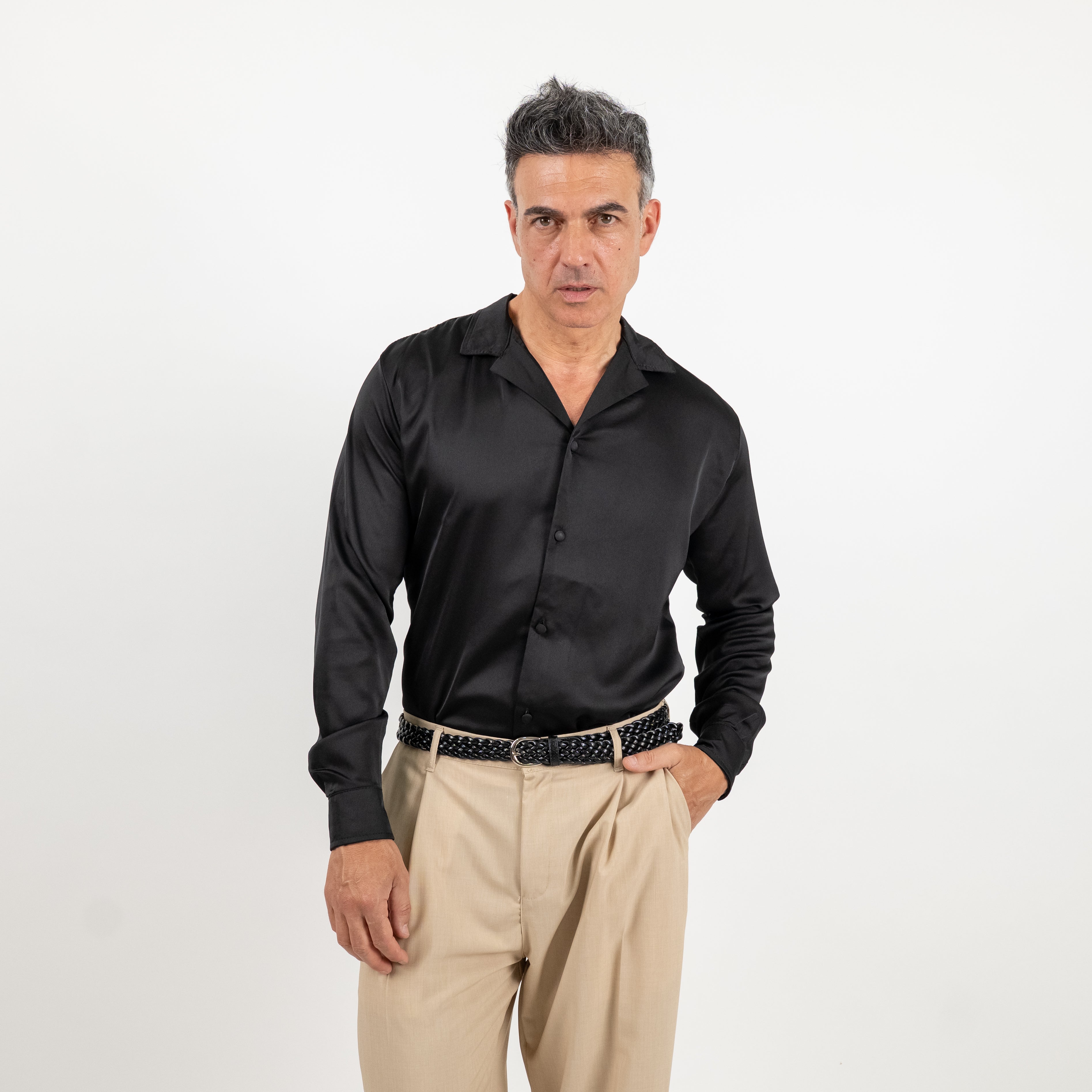 Camicia satin effetto raso con bottoni ricoperti - Nero