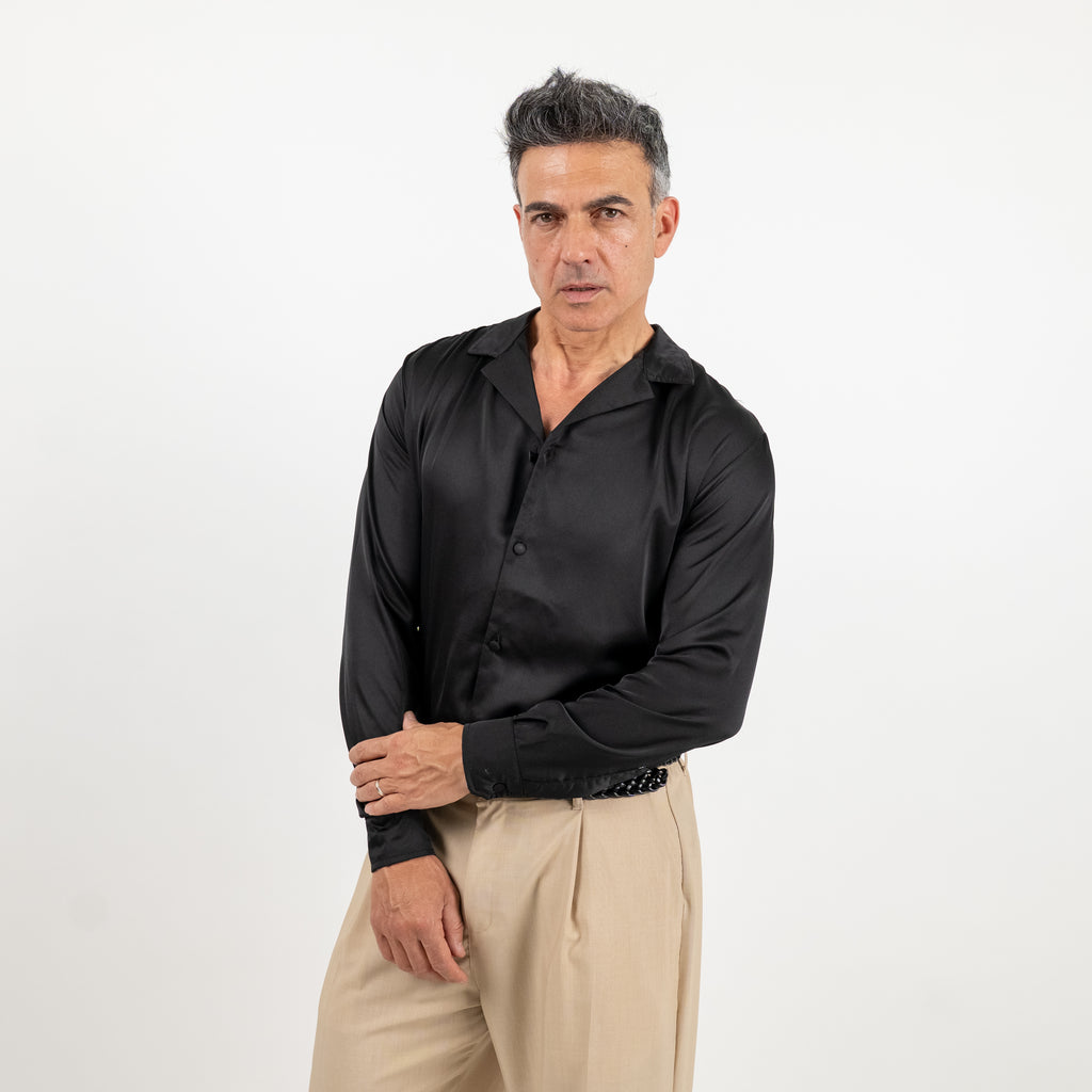 Camicia satin effetto raso con bottoni ricoperti - Nero