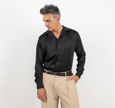 Camicia satin effetto raso con bottoni ricoperti - Nero