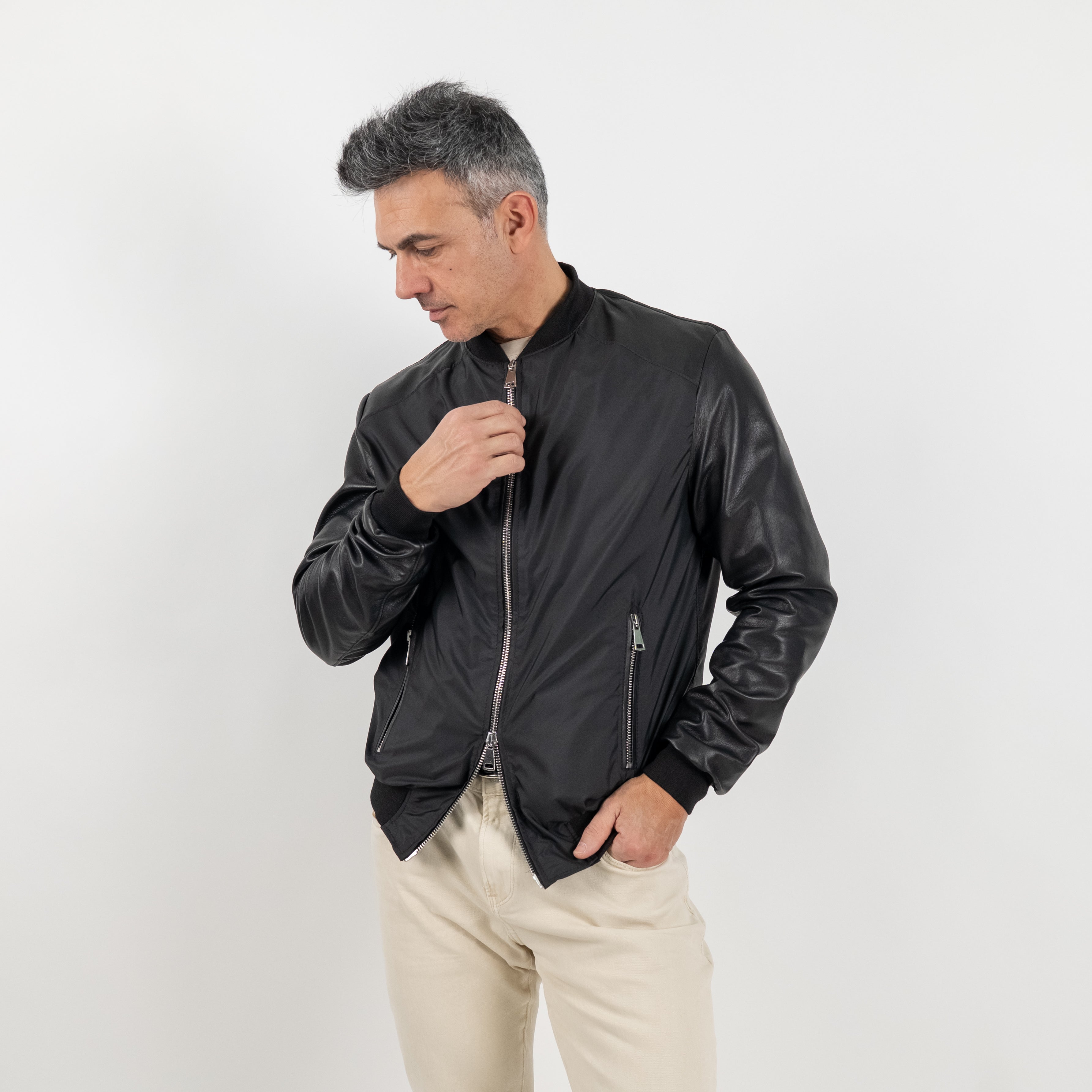 College in Vera Pelle con inserti in nylon - Nero