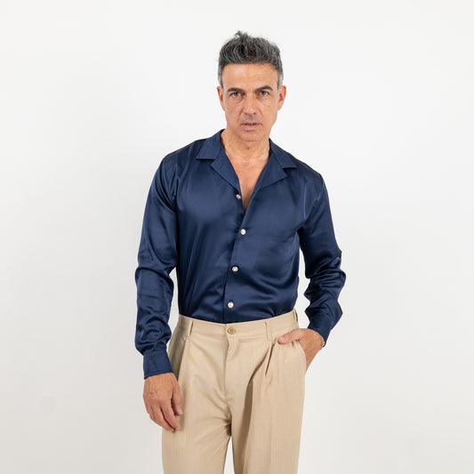 Camicia satin effetto raso con bottoni gioiello - Blu