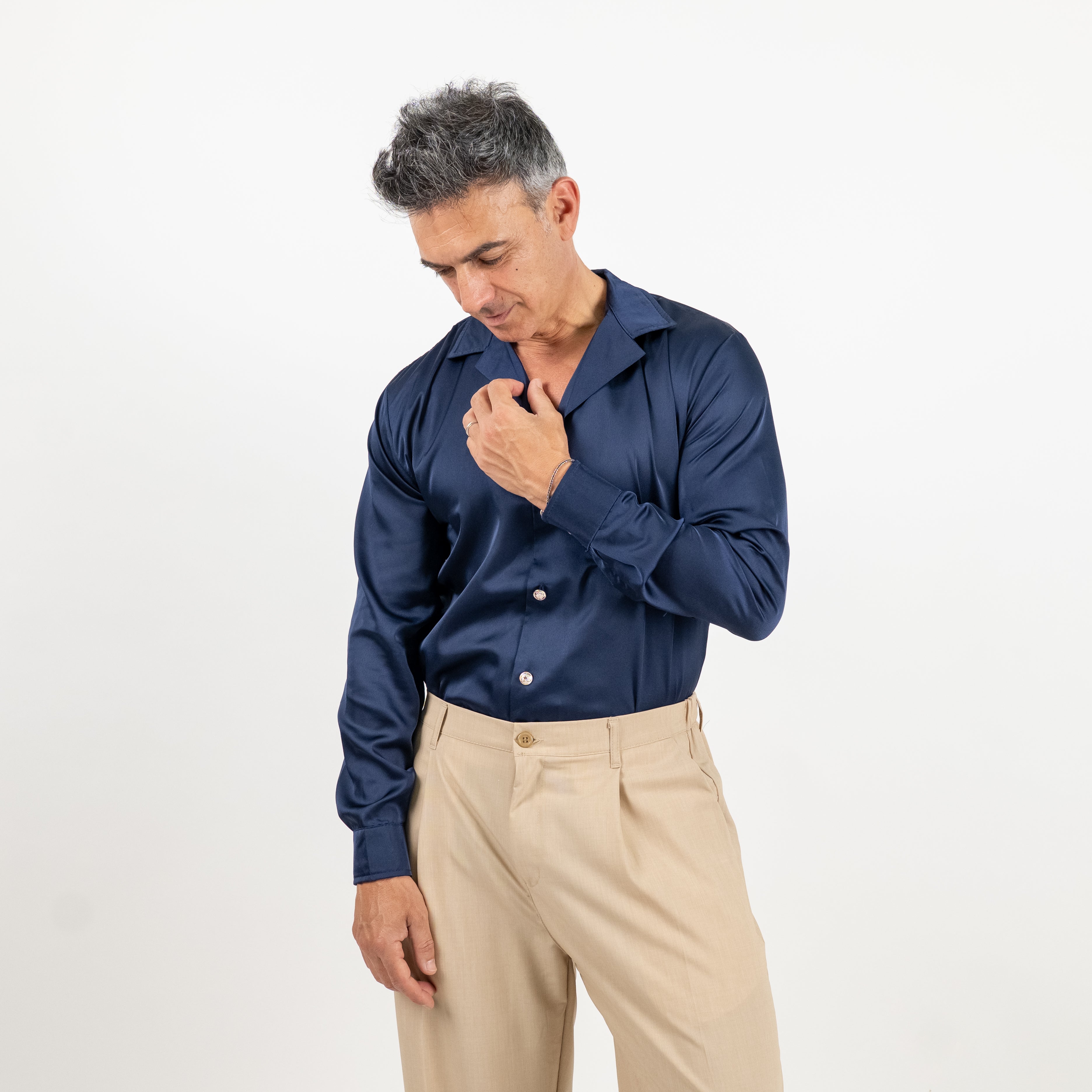 Camicia satin effetto raso con bottoni gioiello - Blu