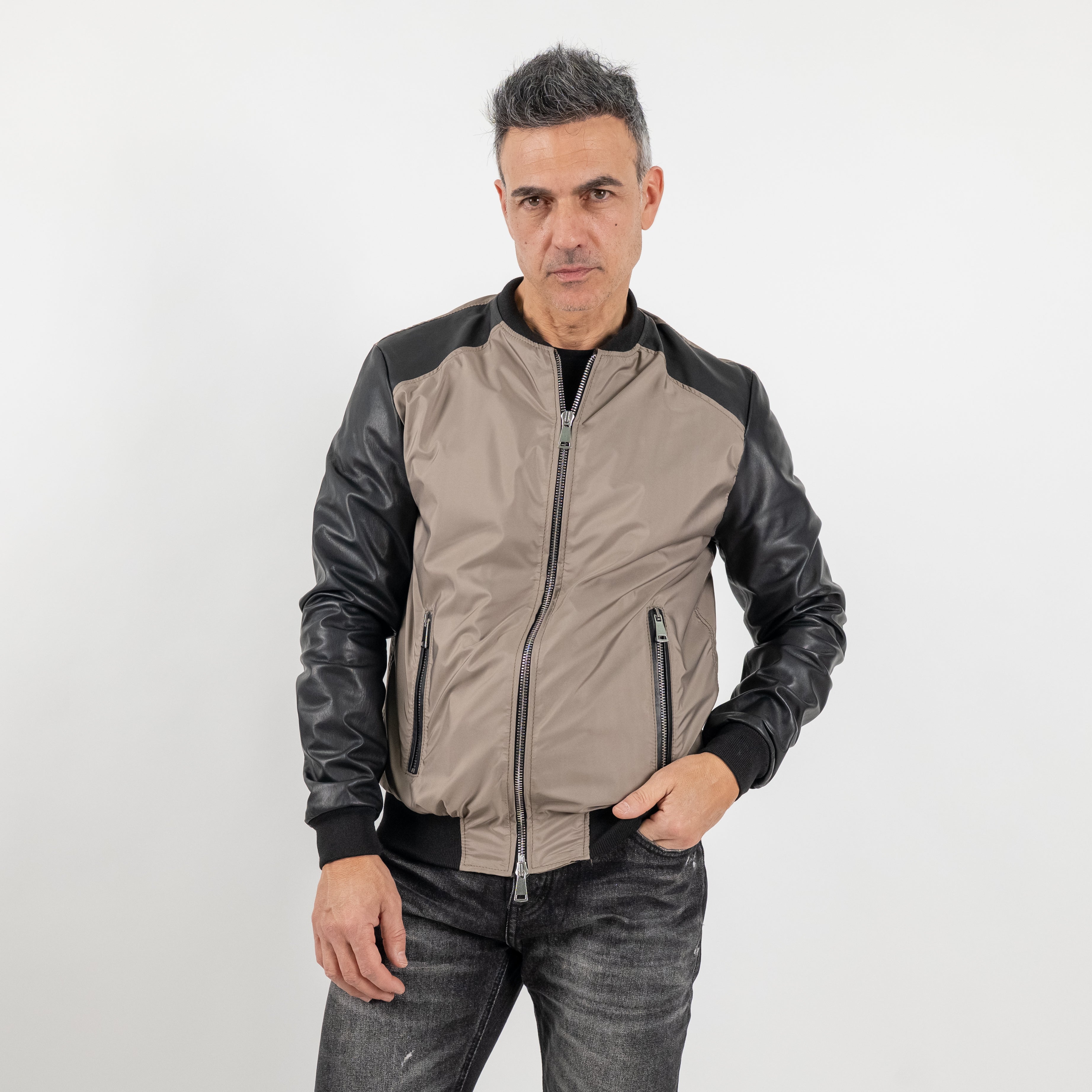 College in Vera Pelle con inserti in nylon - Fango