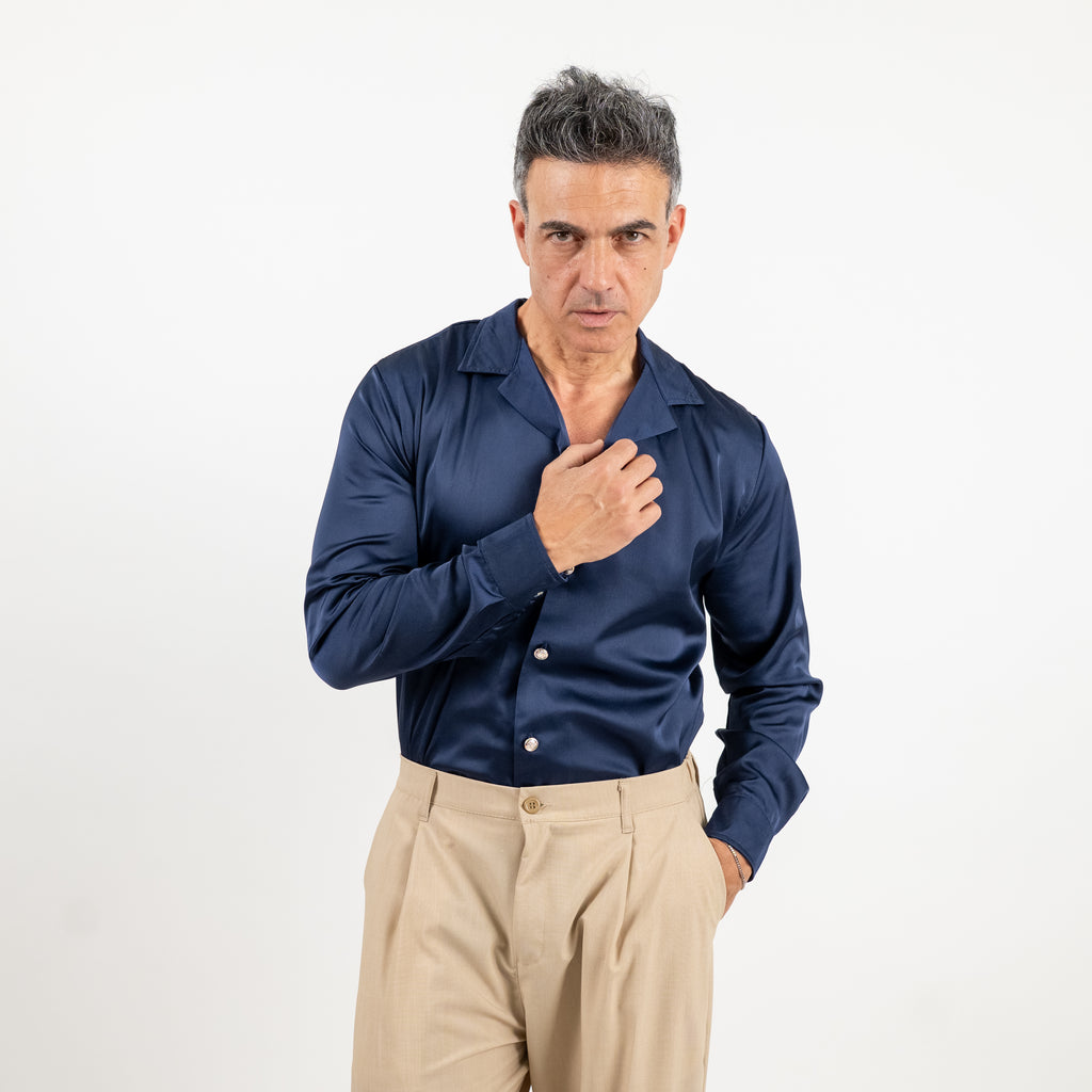 Camicia satin effetto raso con bottoni gioiello - Blu