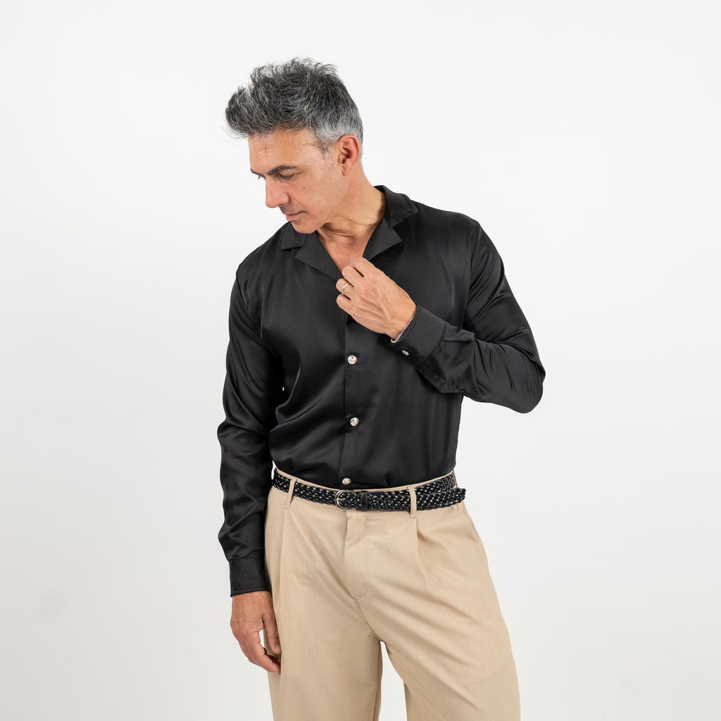 Satin-look shirt with jewel buttons - Black
