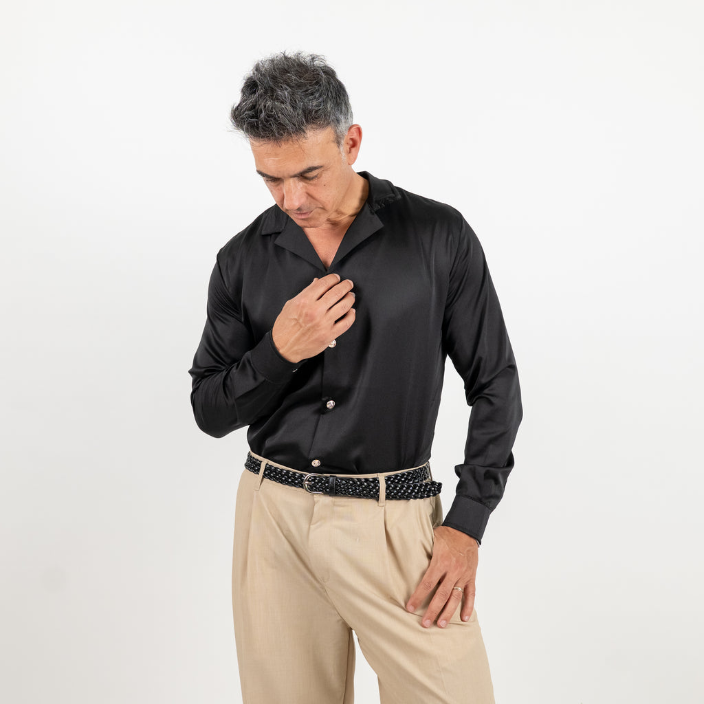 Satin-look shirt with jewel buttons - Black