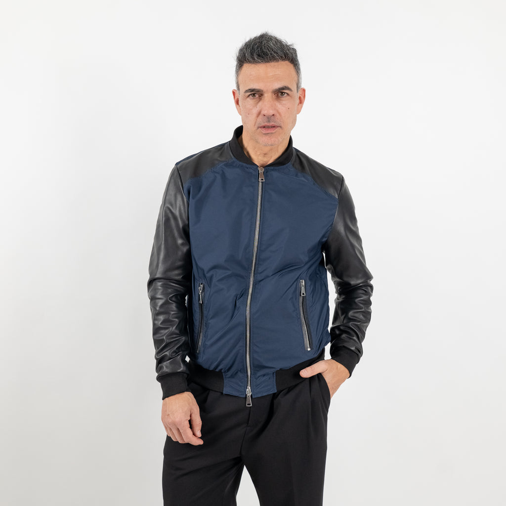 College in Vera Pelle con inserti in nylon - Blu