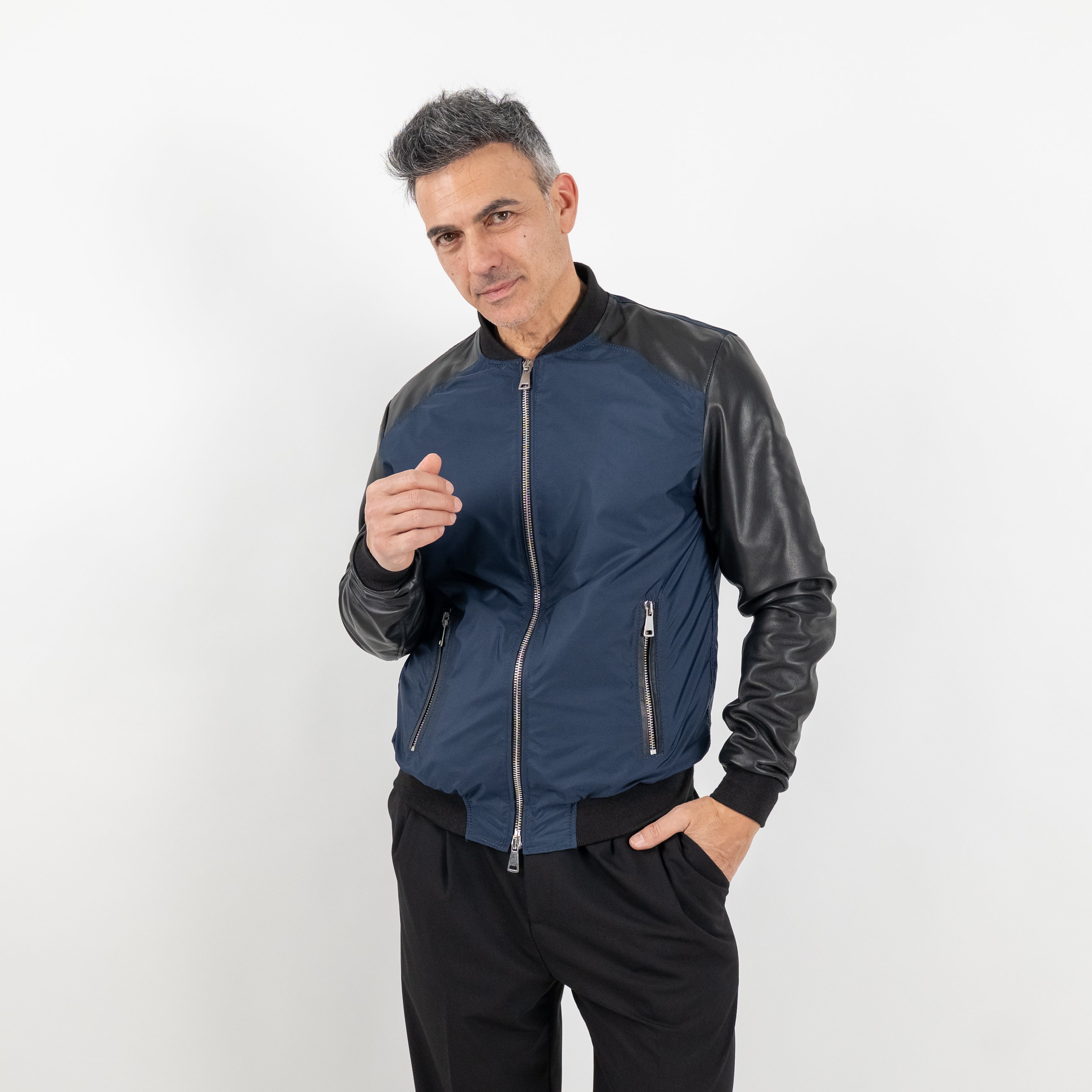 College in Vera Pelle con inserti in nylon - Blu